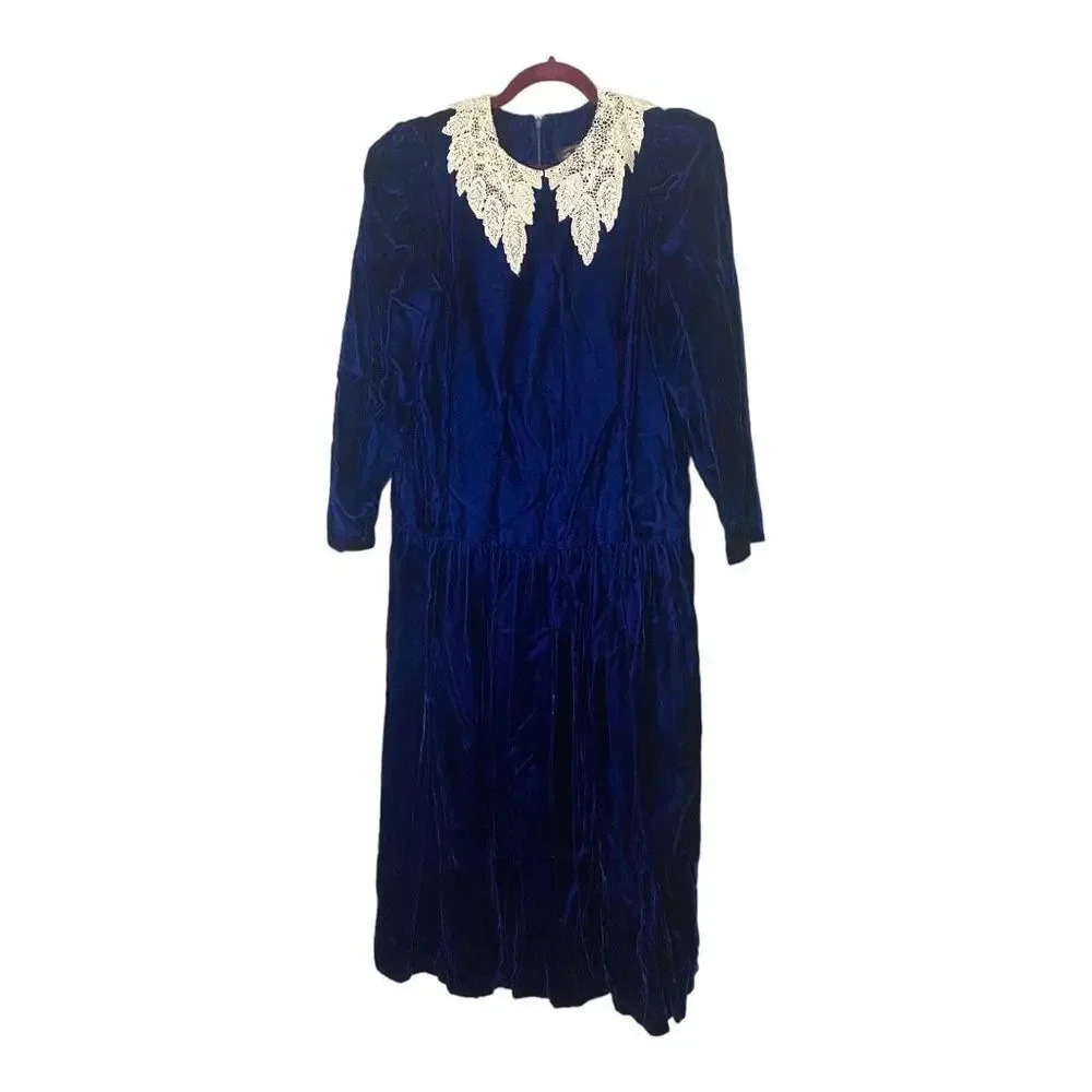 Vintage Allen Solly Blue Velvet Midi Dress Lace Collar